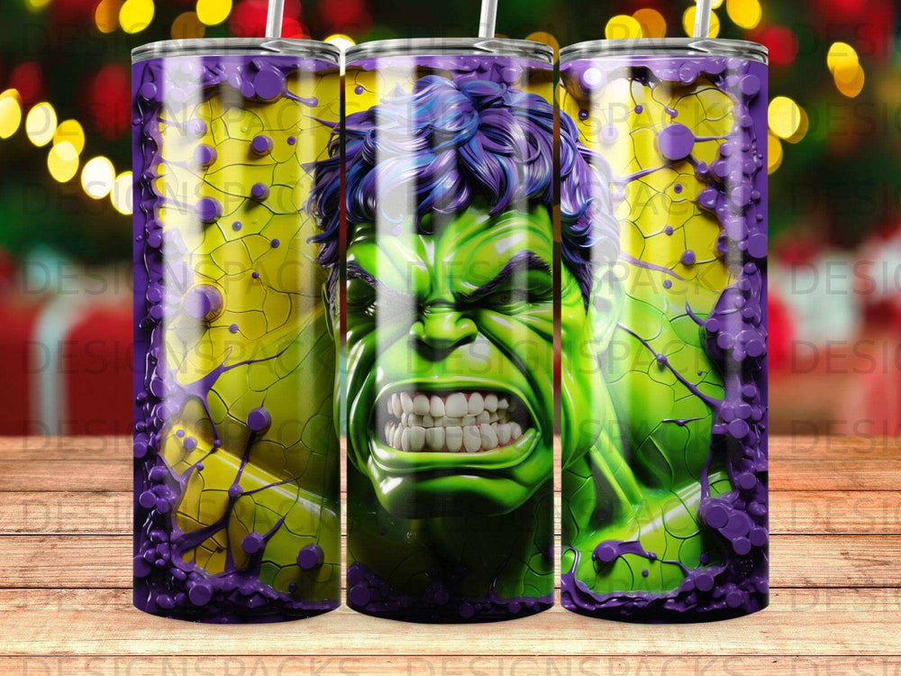 Hulk's angry face on a purple and green speckled tumbler.