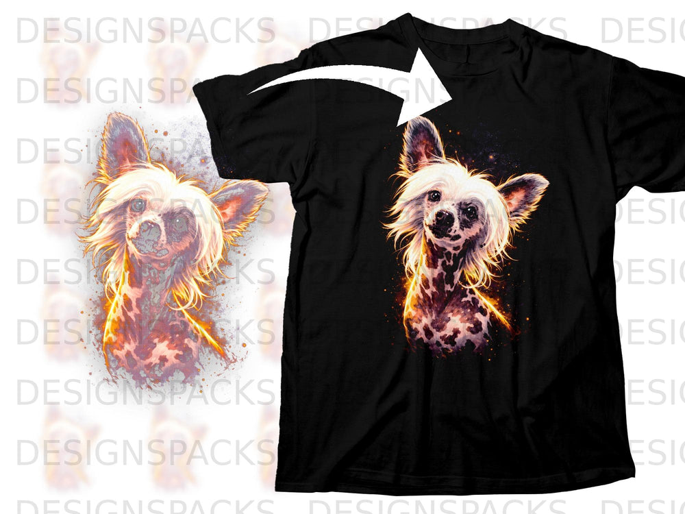 Black t-shirt with a fiery Chinese Crested dog graphic and white arrow pointing to it.
