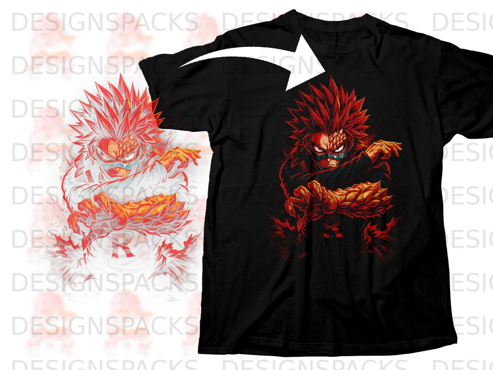 Black t-shirt with anime character graphic featuring fiery red hair and glowing fists.