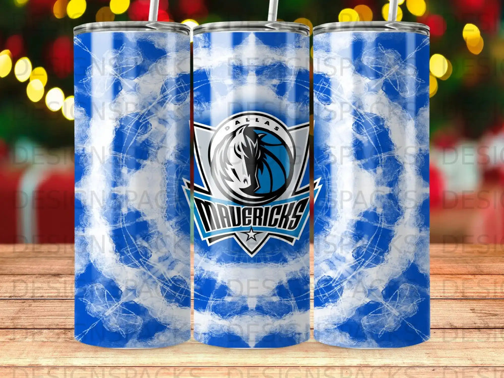 Dallas Mavericks logo on a blue and white marbled tumbler.