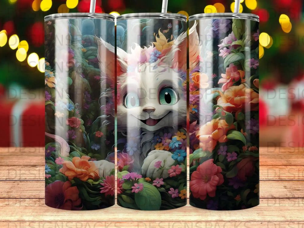 Whimsical fox creature with bright eyes surrounded by colorful flowers and greenery.