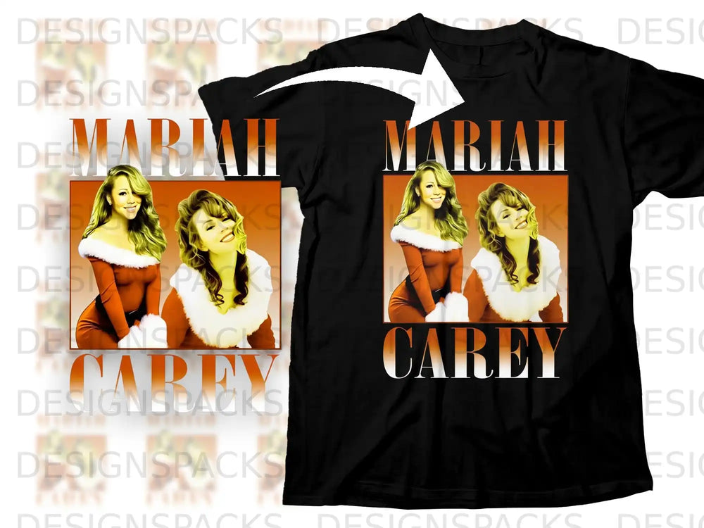 Mariah Carey in Santa outfit on black t-shirt design with white text.