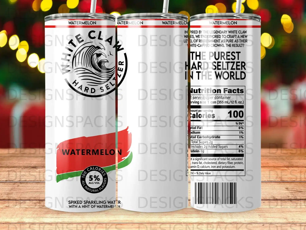 White Claw Hard Seltzer can with "Watermelon" and nutrition facts on a white background.