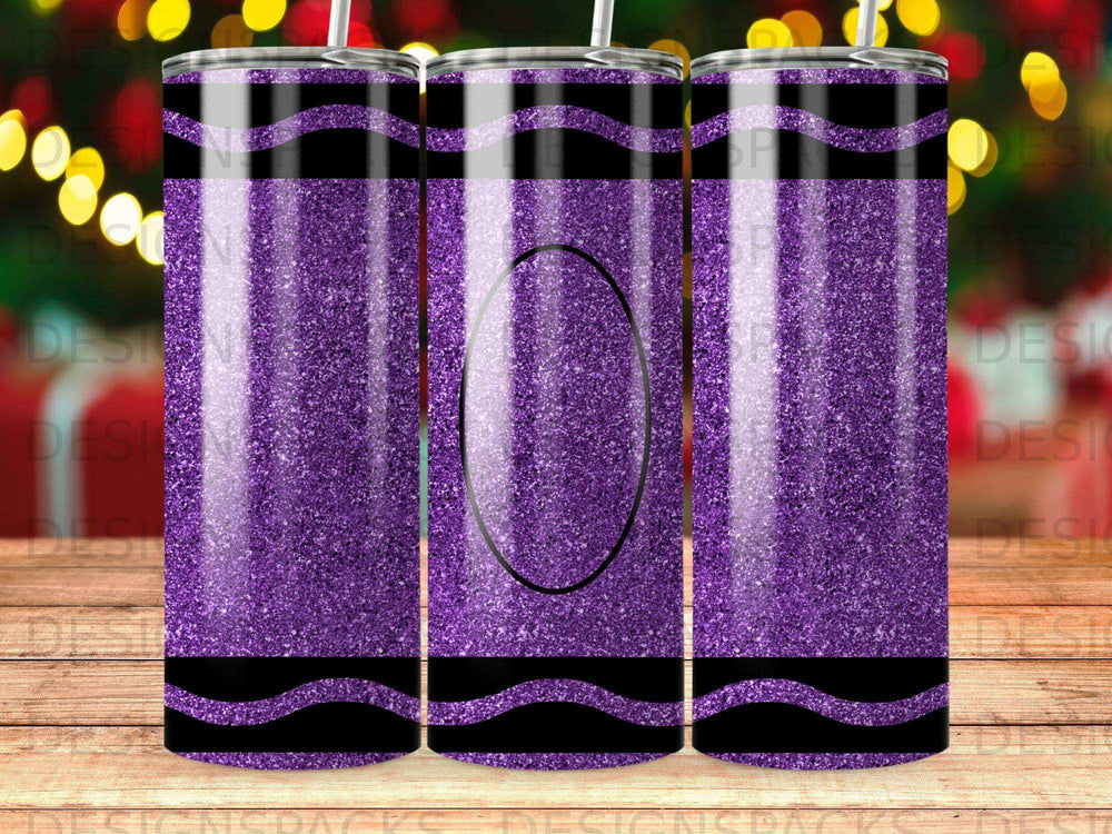 Purple glitter crayon tumbler with black stripes.