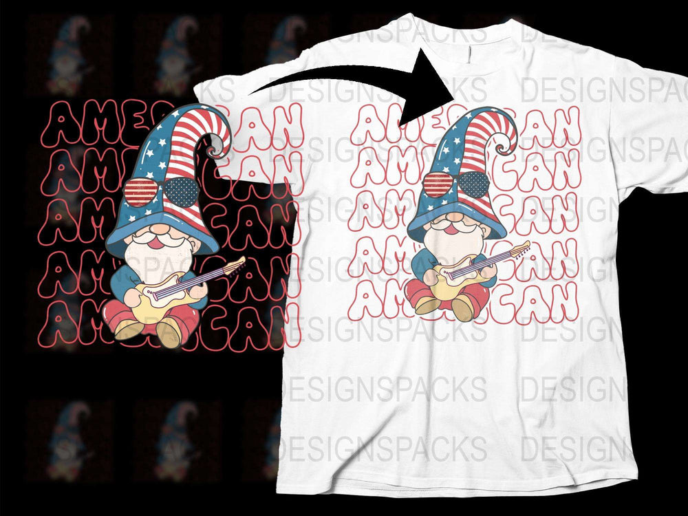 American Gnome Playing Guitar T-Shirt, Patriotic July 4th Tee, USA Flag Colors, Unisex Graphic Shirt for Independence Day