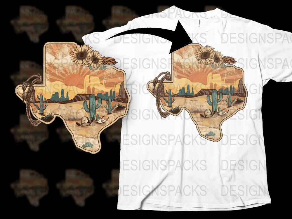 Texas Map T-Shirt Sunflowers Desert Cactus Graphic Tee Vintage Style Unisex Fit Casual Wear