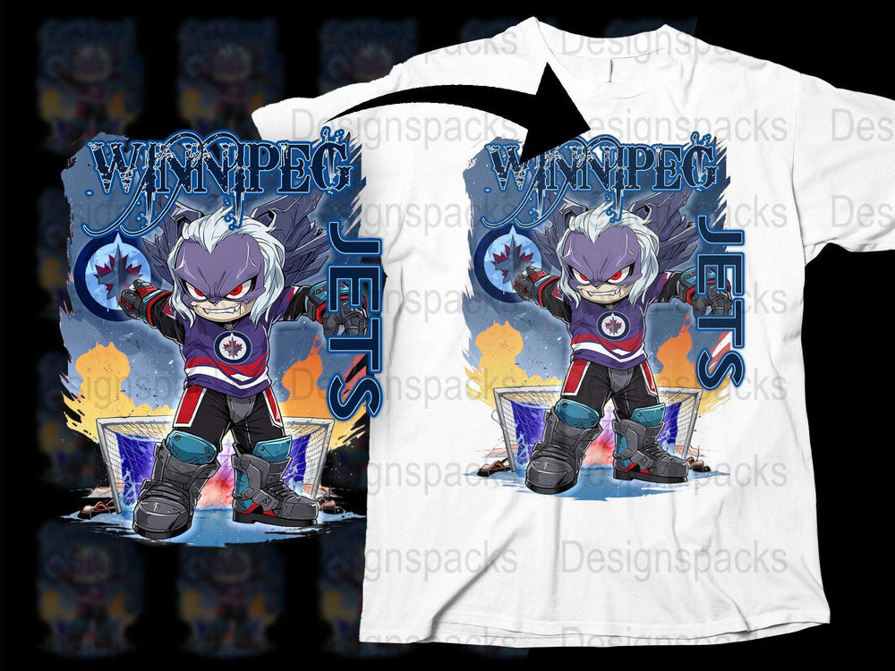 Winnipeg Jets Hockey T-Shirt, Cool Animated Mascot Design, Kids and Adults Sizes, Sports Fan Apparel