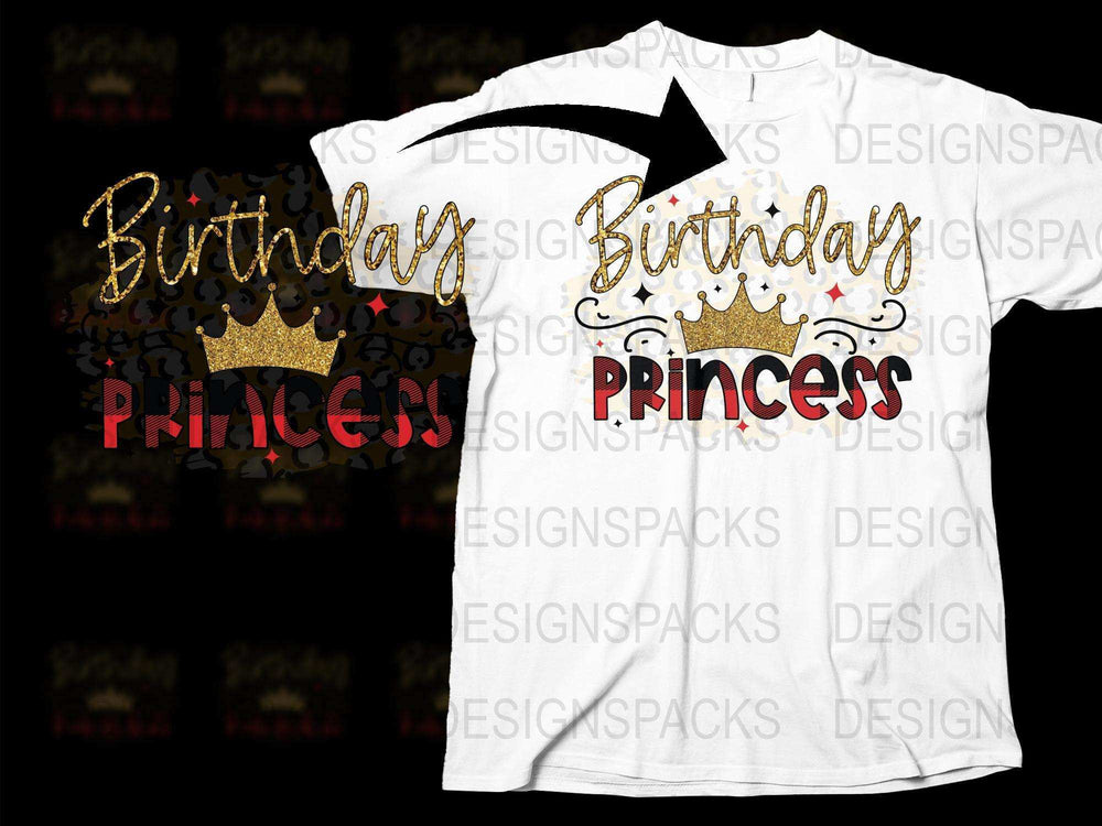 Birthday Princess T-Shirt, Golden Crown Glitter Design, Kids Party Fashion White Tee