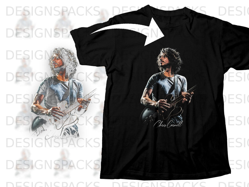 Black t-shirt with graphic of Chris Cornell playing guitar, text "Chris Cornell".