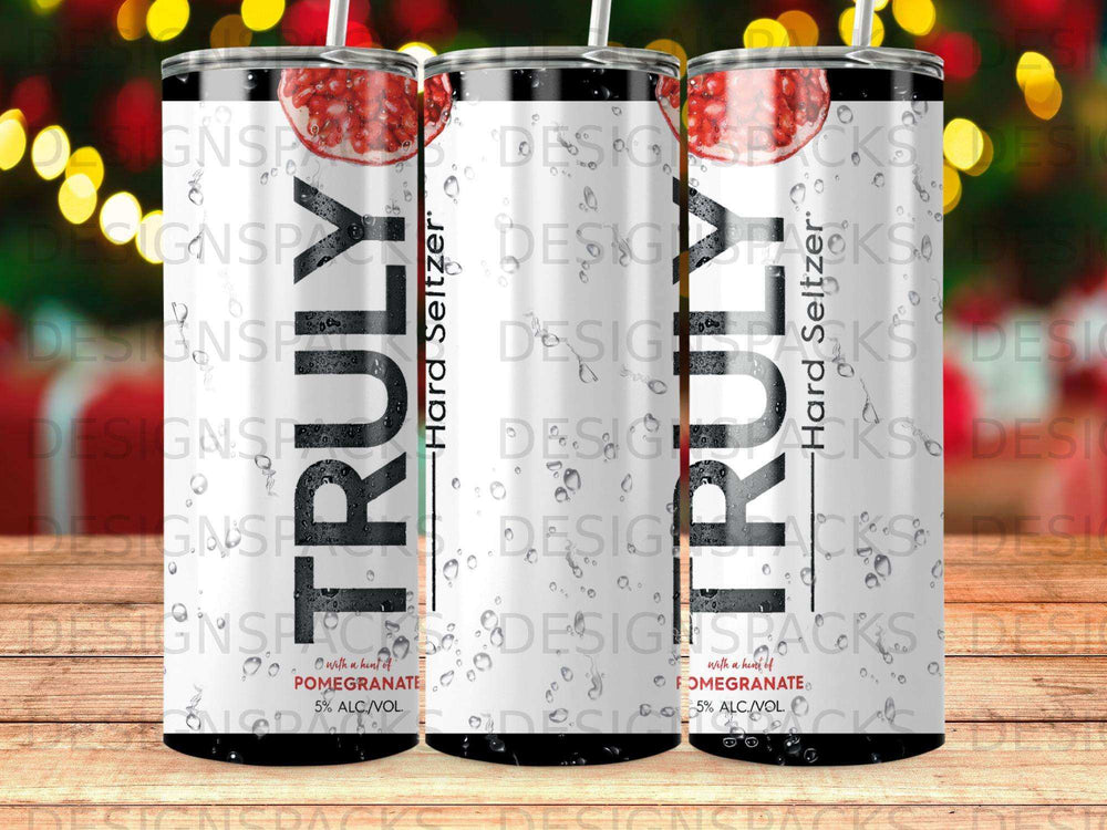 Three Trüly Hard Seltzer tumblers with pomegranate and bubbly design.
