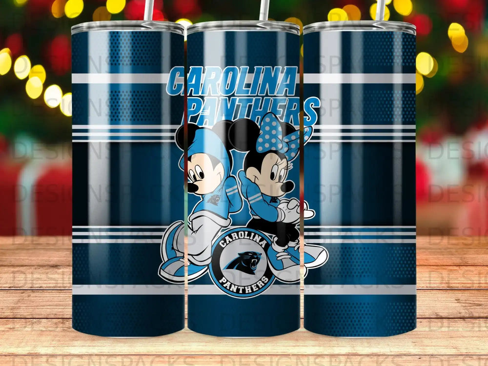 Carolina Panthers logo with Mickey and Minnie Mouse characters.