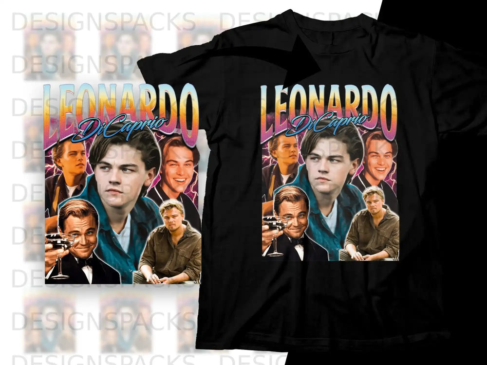 Leonardo DiCaprio collage on a black t-shirt.