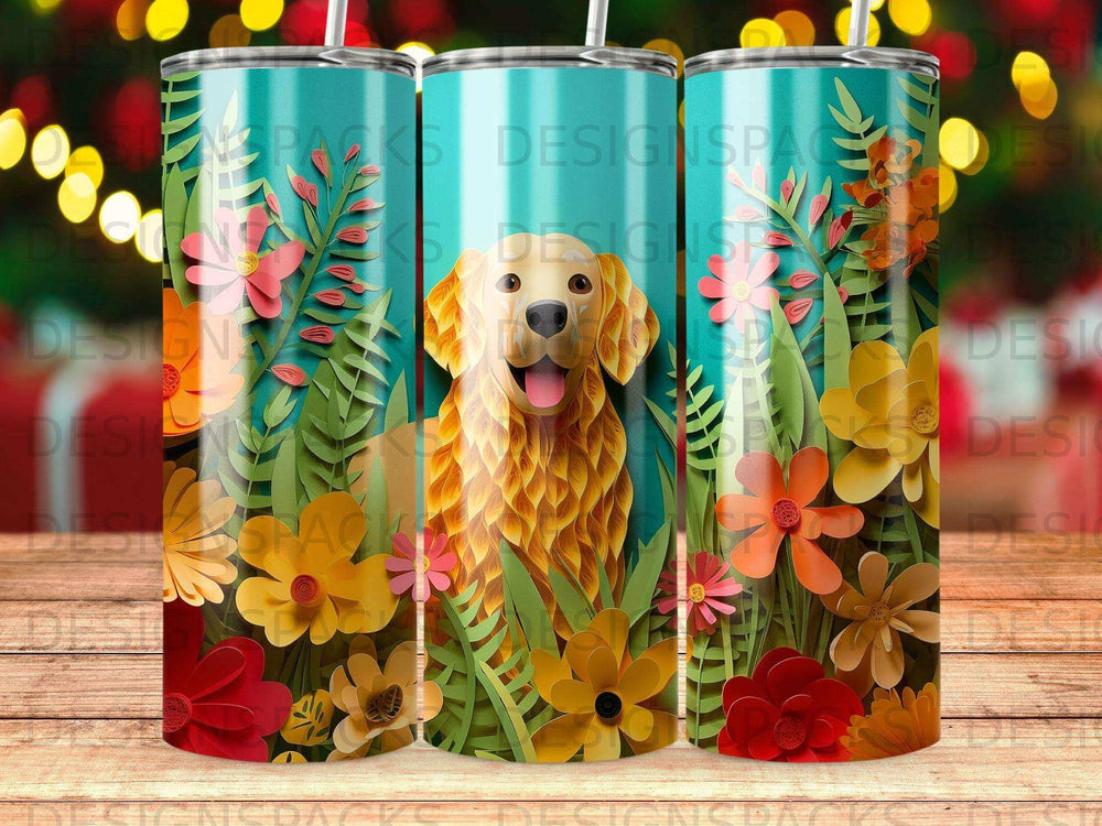 Golden retriever with colorful flowers and foliage, front view.