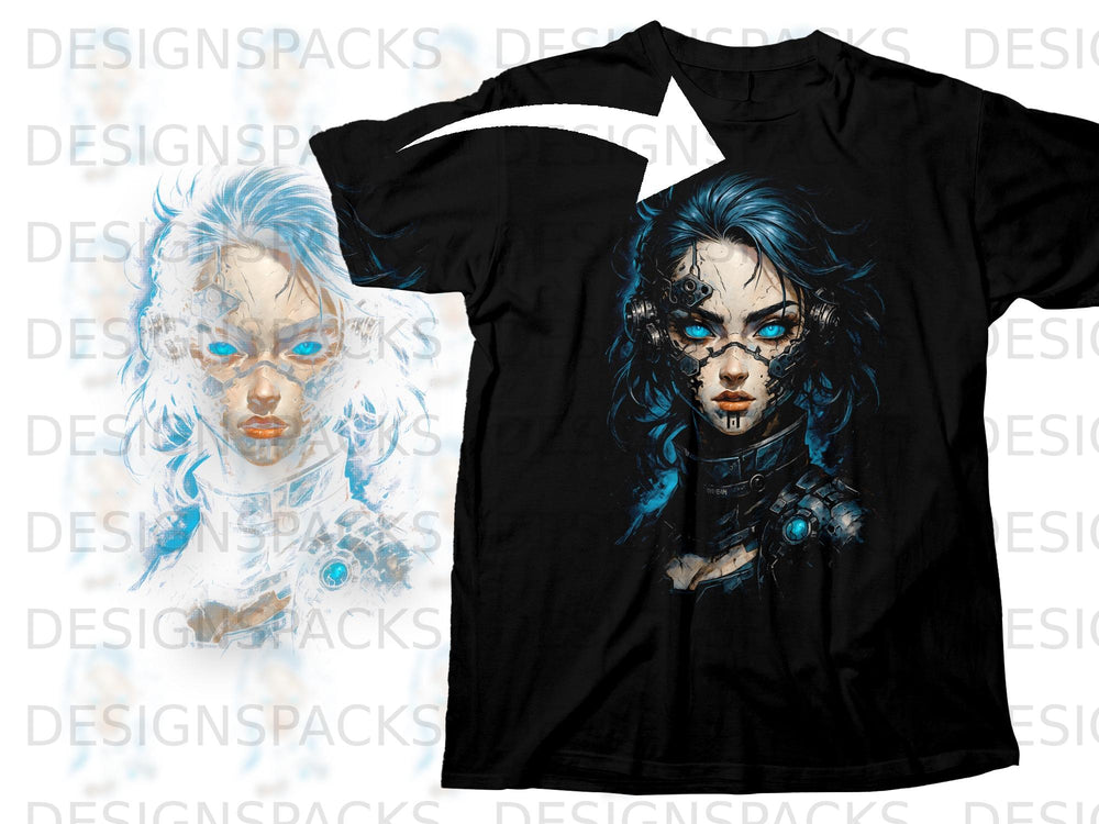 Black t-shirt with cyberpunk woman graphic and glowing blue eyes.
