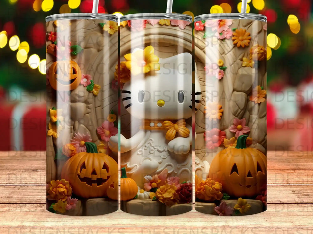 Hello Kitty tumbler with pumpkins and floral accents.