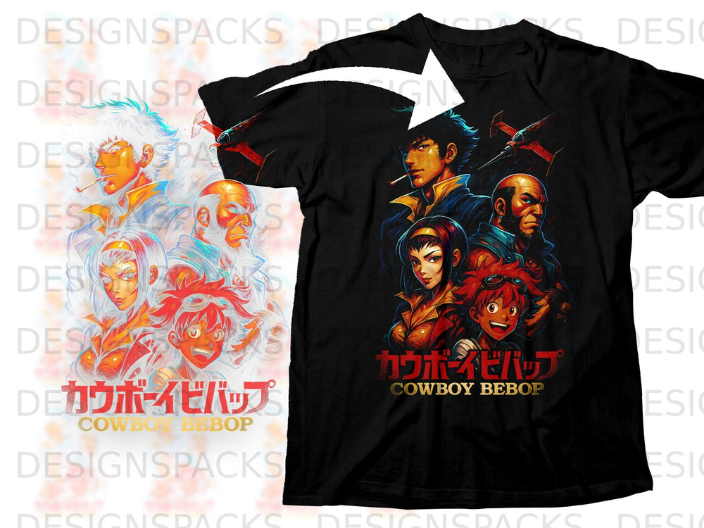 Cowboy Bebop characters art on a black t-shirt with Japanese and English text.