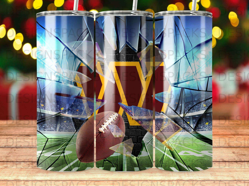 Washington Commanders logo and football on a cracked glass stadium background.