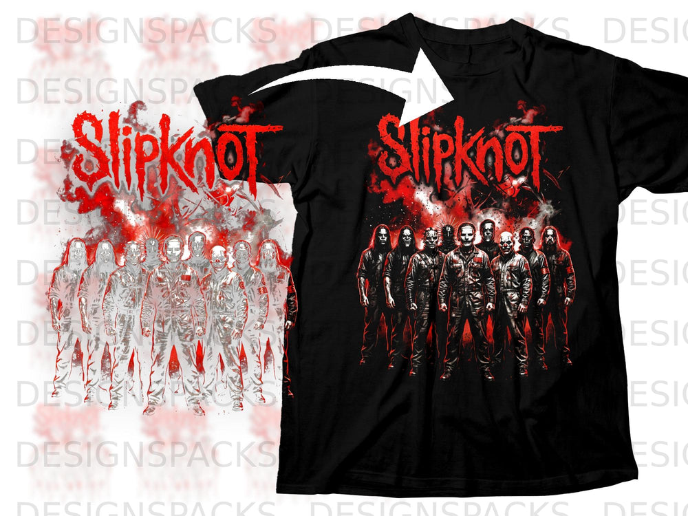 Black t-shirt with the Slipknot logo and band members in red and white.