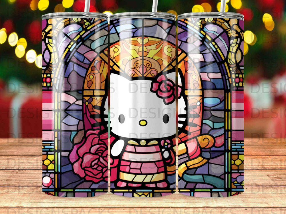 Hello Kitty stained glass design on a tumbler with bokeh lights background.