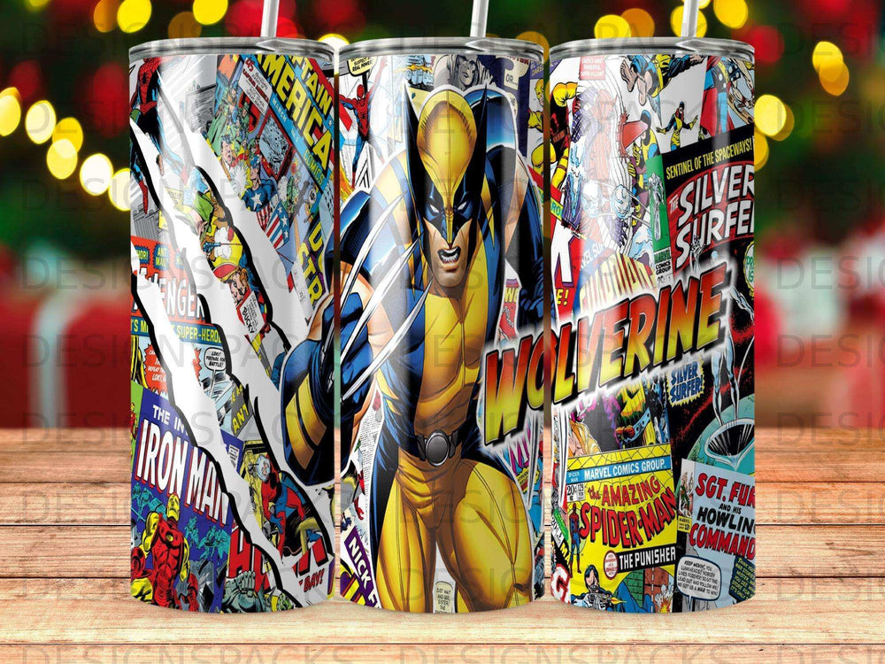 Wolverine and comic book characters wrap around a cylindrical tumbler.