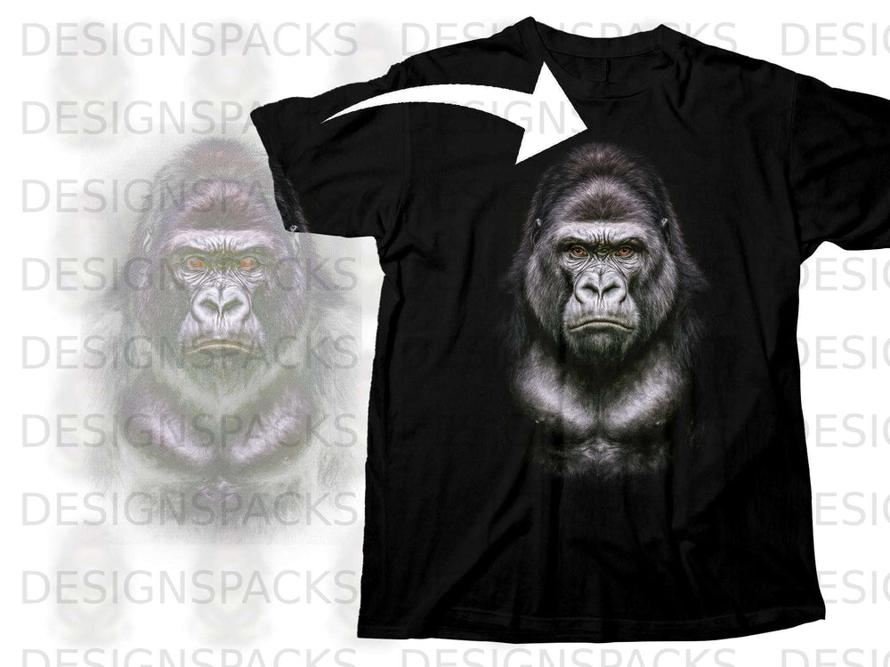 Black t-shirt with a realistic, detailed graphic of a gorilla's face and chest.