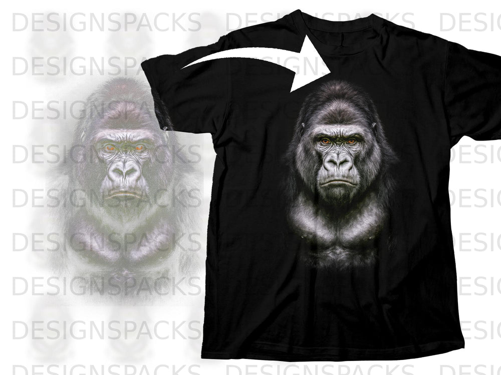 Black t-shirt with a realistic, detailed graphic of a gorilla's face and chest.