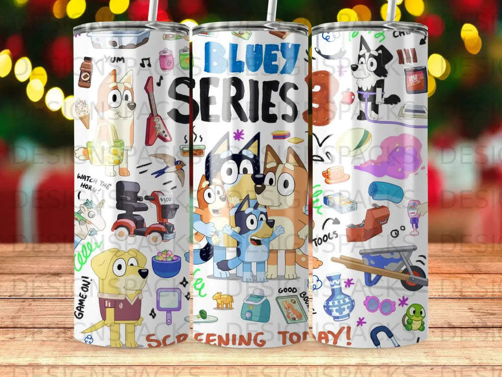 Bluey Series characters on a tumbler with game and tool icons.