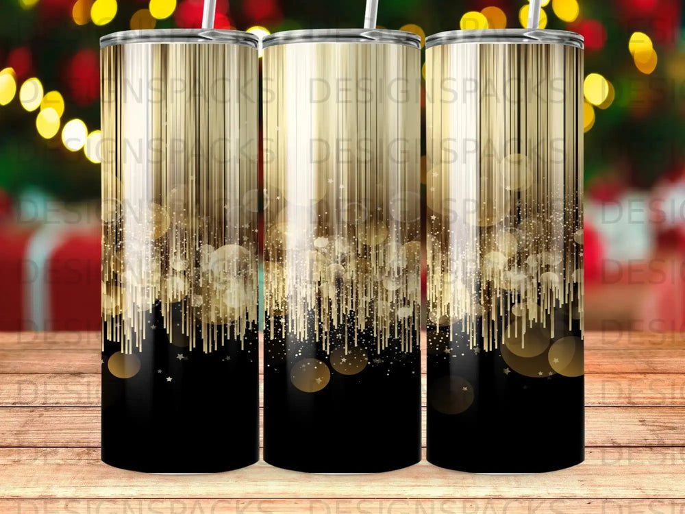 Three black tumblers with a gold glitter and bokeh design.