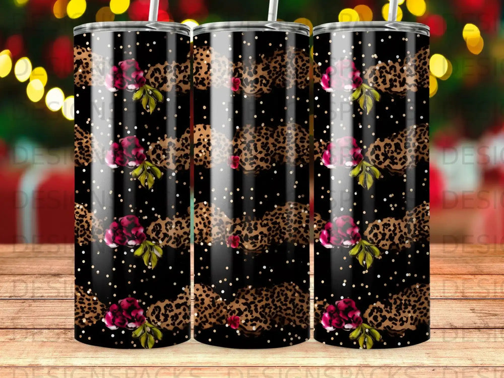 Black tumbler with leopard print, roses, and gold polka dots.