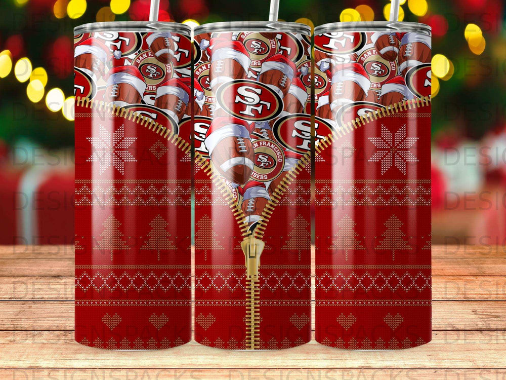 Red tumbler with San Francisco 49ers logo, zipper, and holiday pattern.