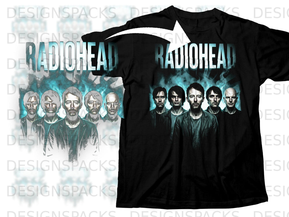 Black t-shirt with Radiohead band members and logo in blue and white.