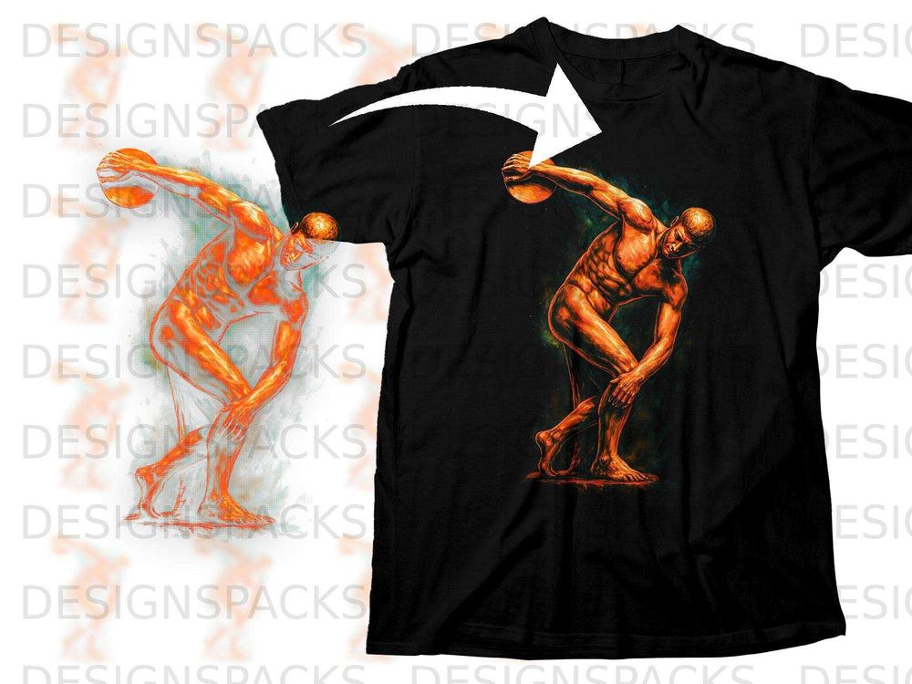 Black t-shirt featuring a graphic of a muscular man throwing a discus.