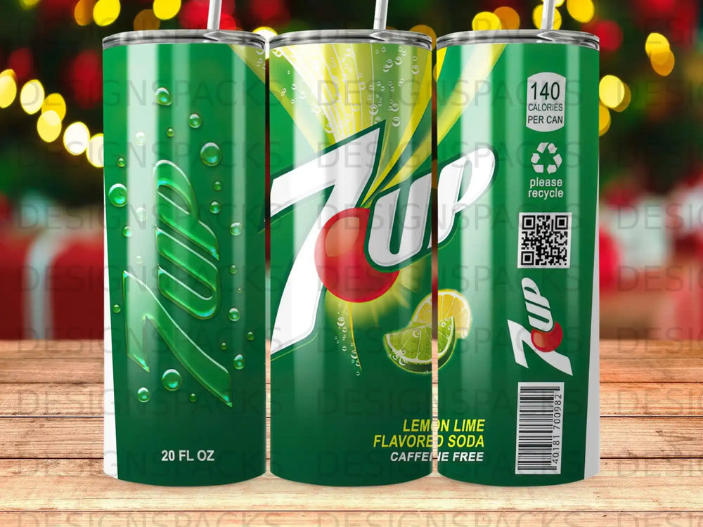 7UP 20 fl oz can with lemon-lime soda flavor and calorie information.