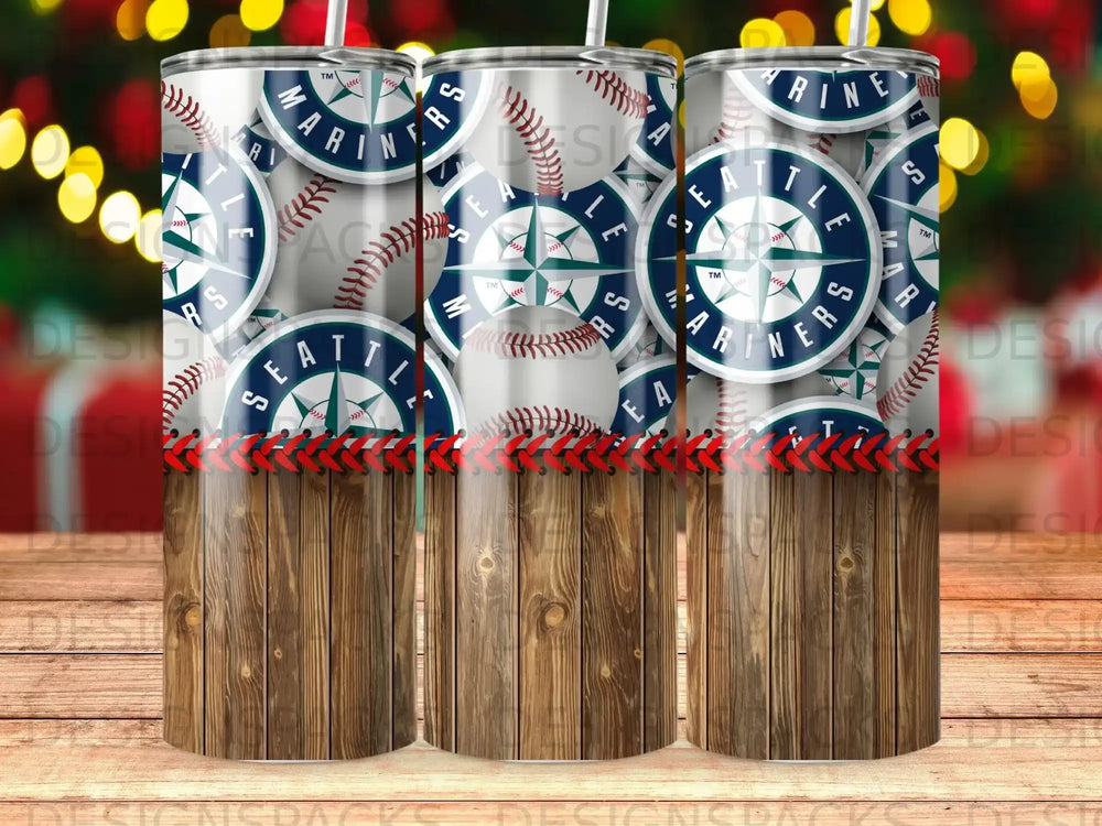 Seattle Mariners baseball tumbler with wood grain and stitched trim.
