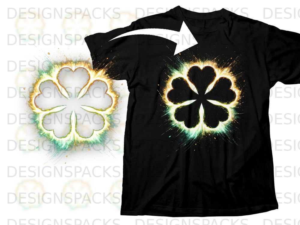 Black t-shirt with a glowing four-leaf clover design in the center.