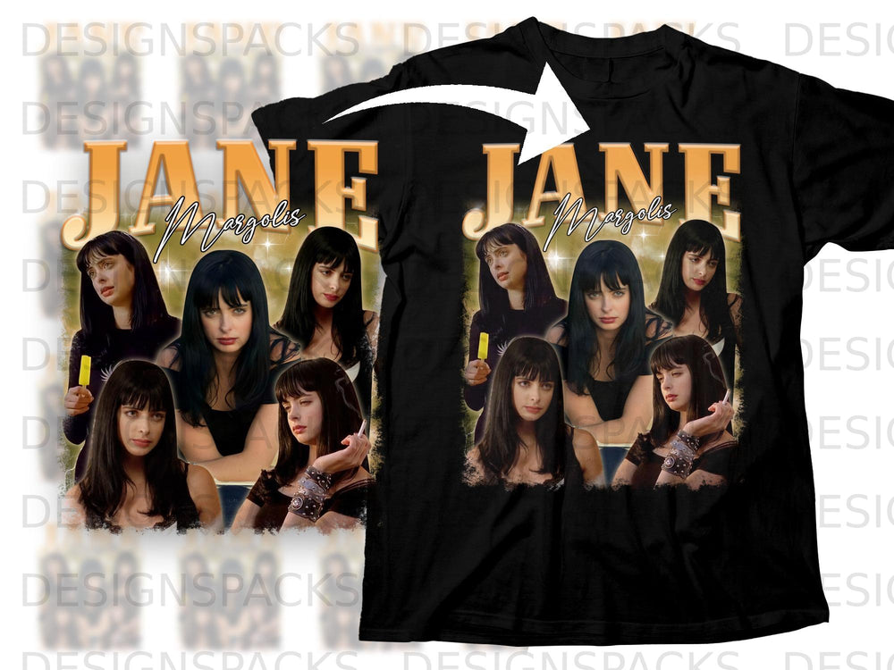 Black t-shirt with "JANE Margolis" and multiple images of Krysten Ritter.