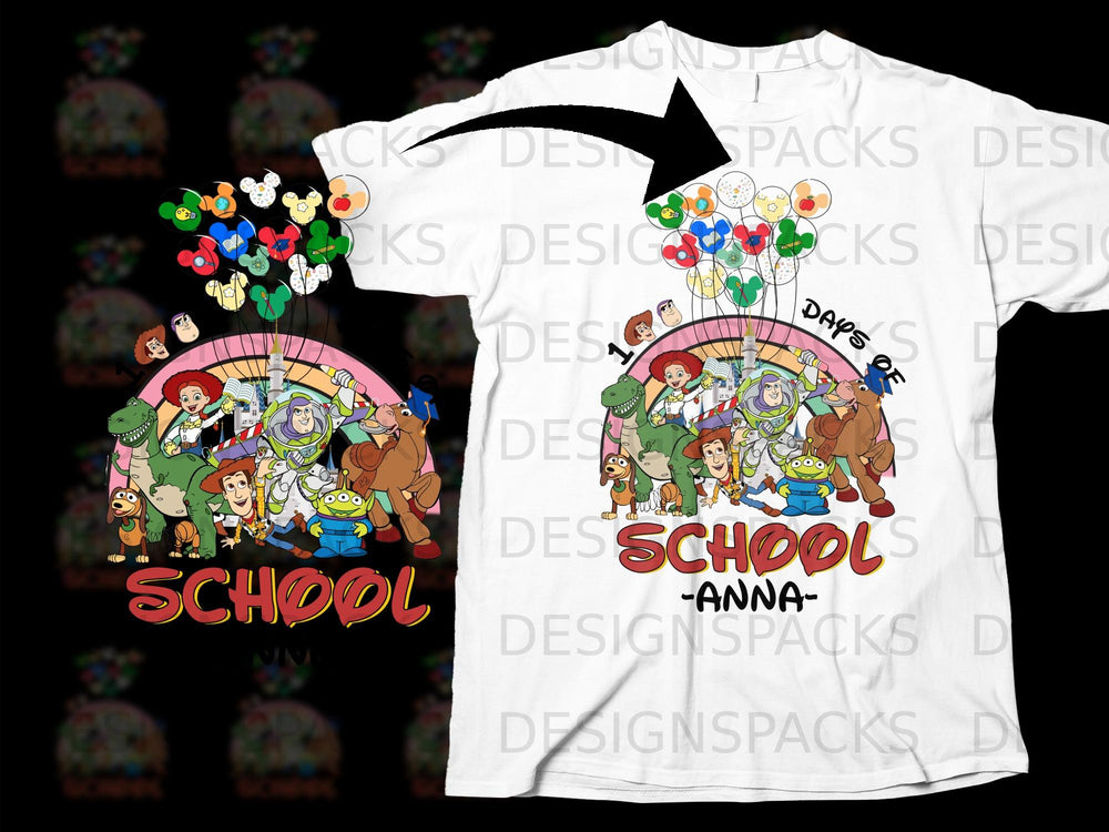 Toy Story characters and Disney balloons above "Days of School -ANNA-" text.