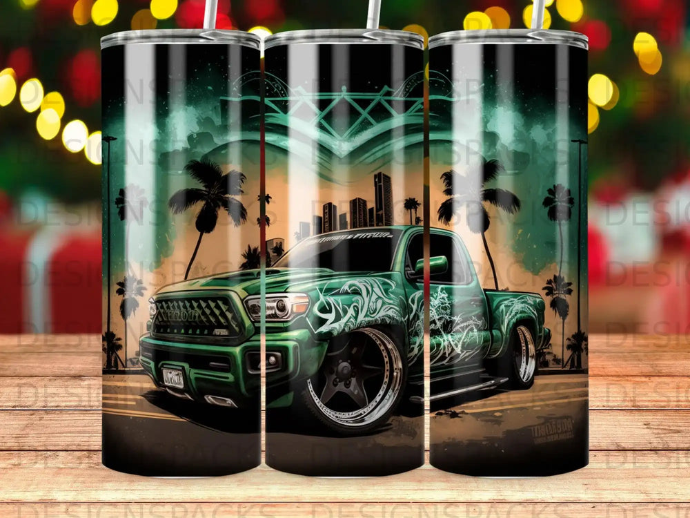 Green pickup truck with tribal graphics and palm trees under city skyline.