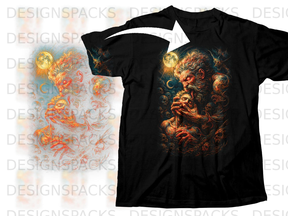 Black t-shirt featuring detailed graphic of a mythological figure surrounded by skulls and a moon.