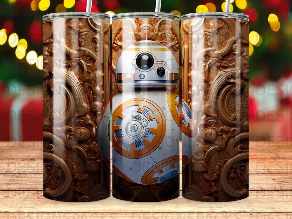 BB-8 droid character on patterned background with bokeh lights.