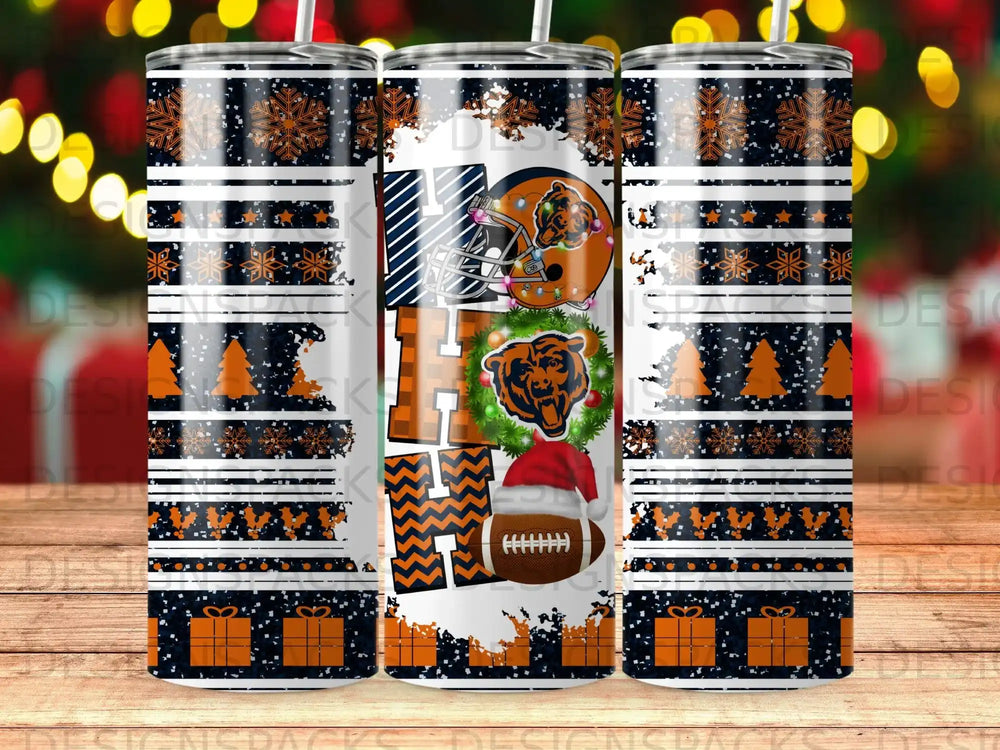 Chicago Bears themed tumbler with football and holiday graphics.