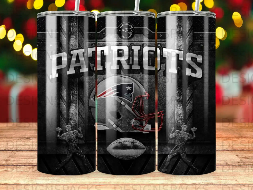 New England Patriots logo and helmet on a black patterned tumbler.