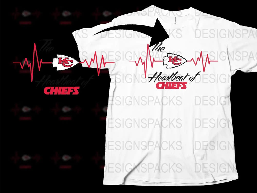 Kansas City Themed T-Shirt, Heartbeat of Chiefs Design, Red and White Graphic Tee, Sports Fan Apparel