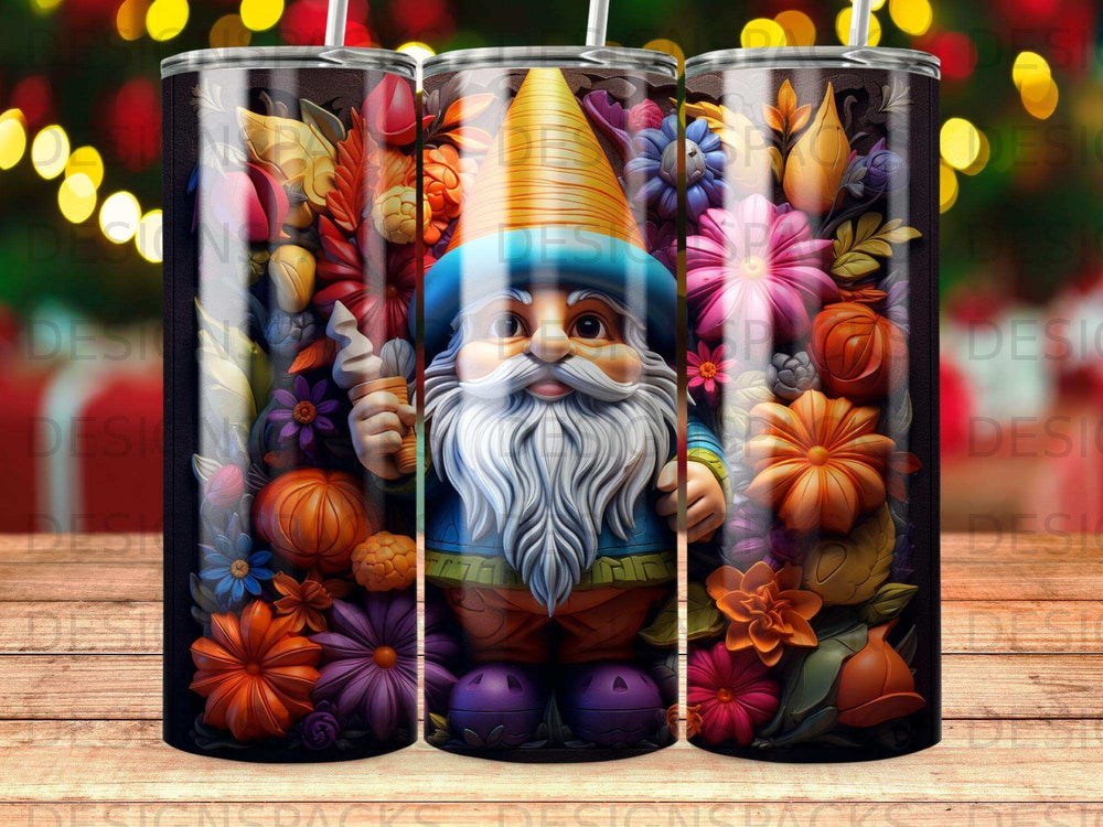 Gnome with floral accents on a patterned tumbler.
