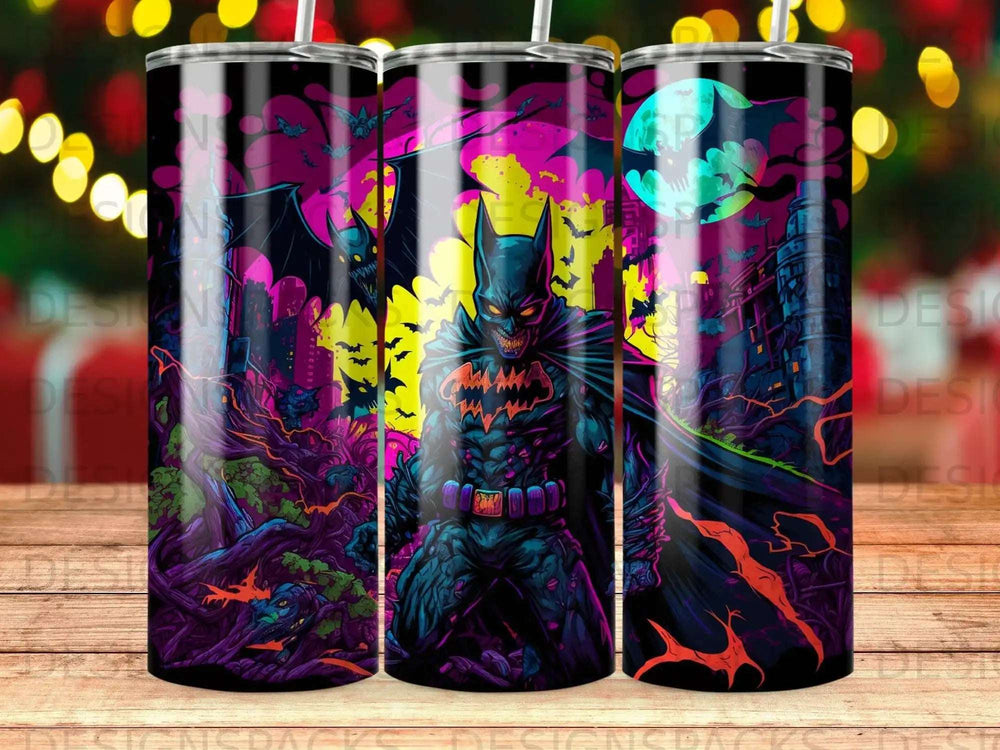 Batman standing in a neon-lit city with bats and spooky trees.