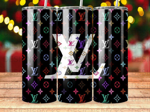 Black tumbler with repeated Louis Vuitton monogram pattern.