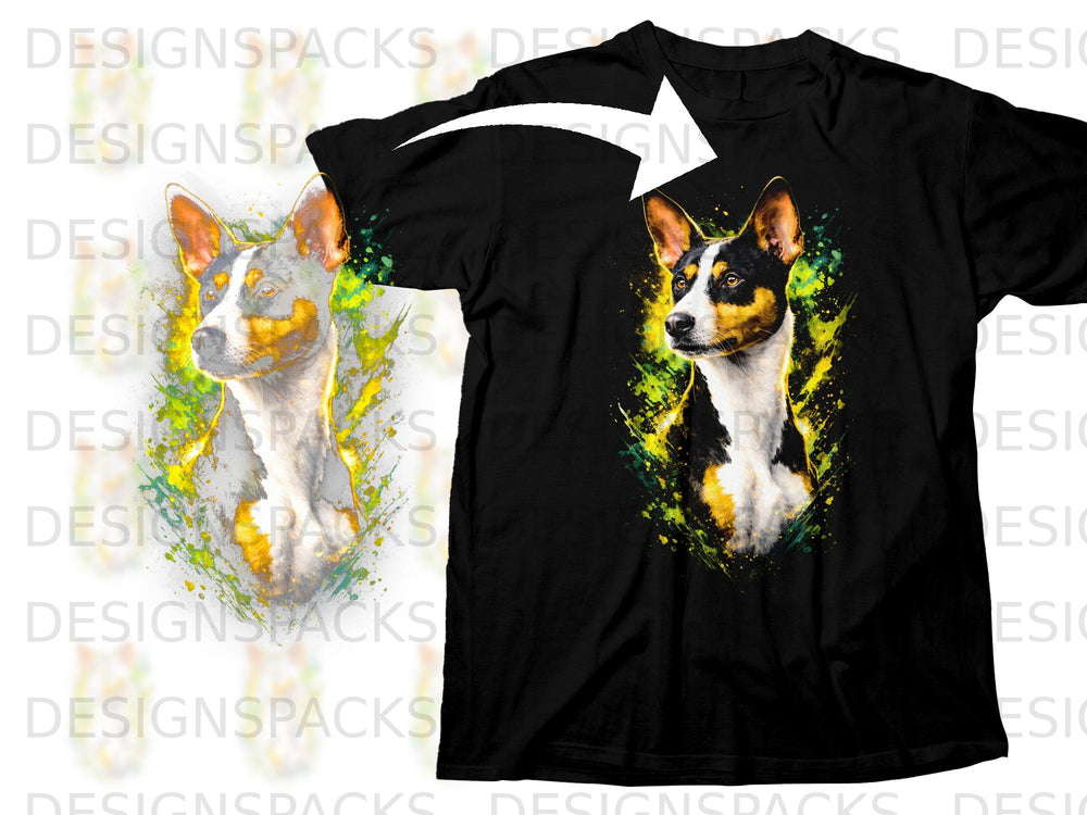 Black t-shirt with a colorful, artistic print of a dog's head and splashes of paint.