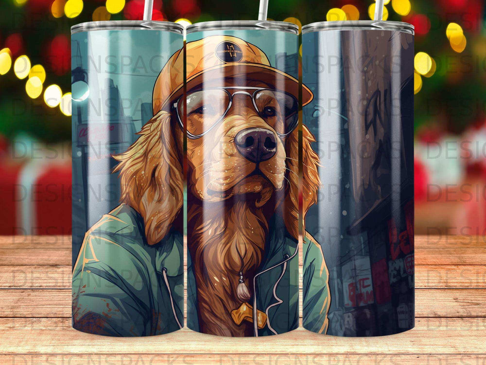 Dog wearing sunglasses and a hat, printed on a tumbler.