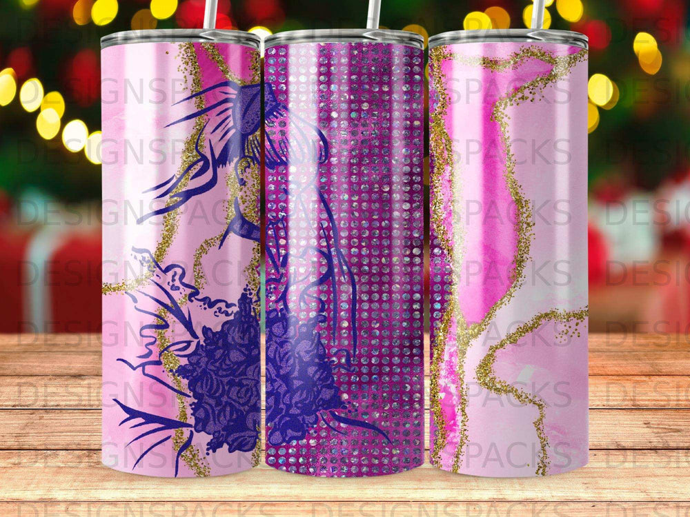 Three tumblers with glittery floral and peacock designs.