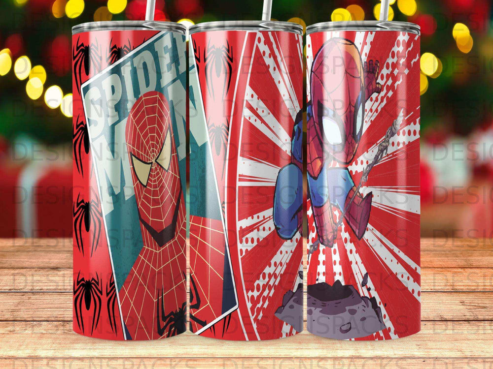 Spiderman tumbler with red and blue color scheme and comic book style graphics.